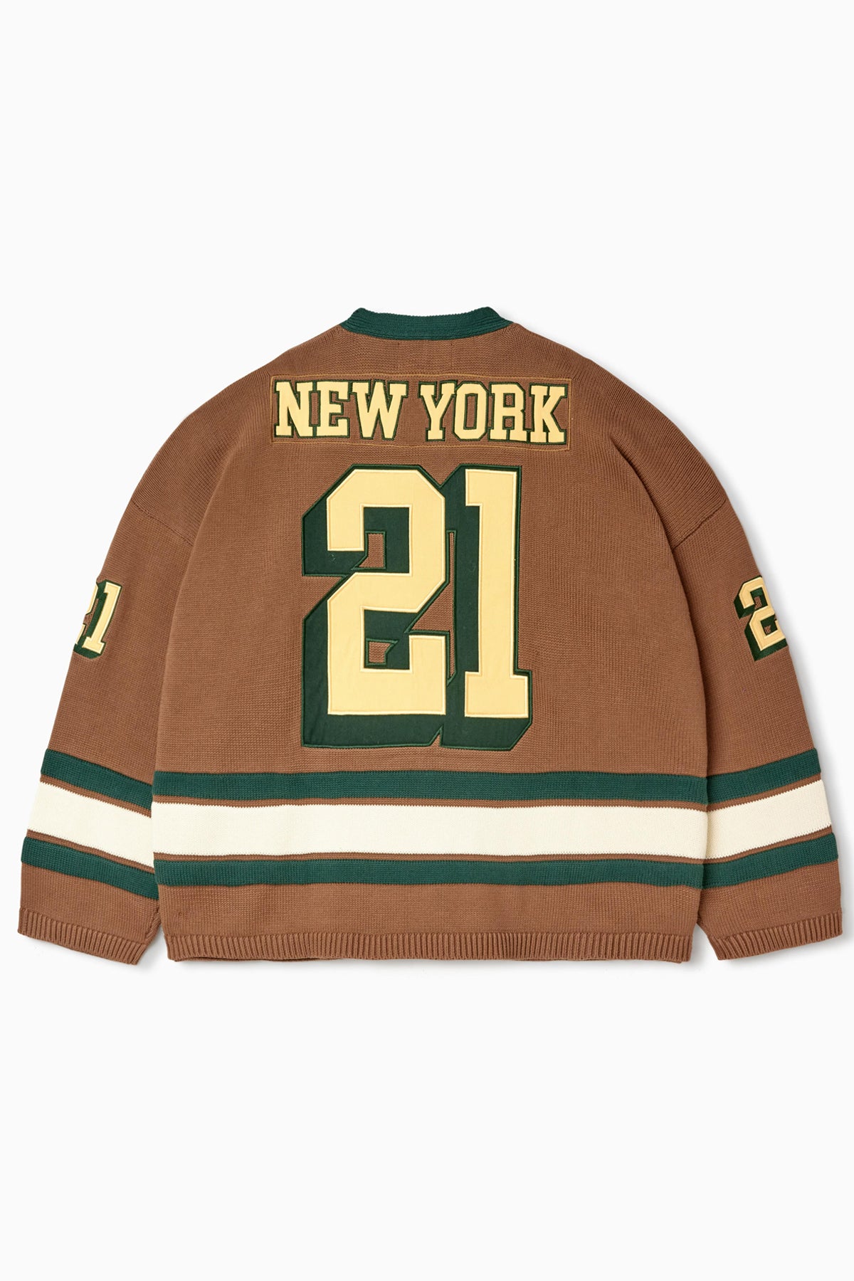 Rear view of the Wisdom Of Age Knit Hockey jersey Autumn. New York on the name plate with the number 21 underneath