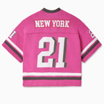 Pink knitted football jersey with 'New York' and number '21' on a white background