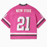 Pink knitted football jersey with 'New York' and number '21' on a white background