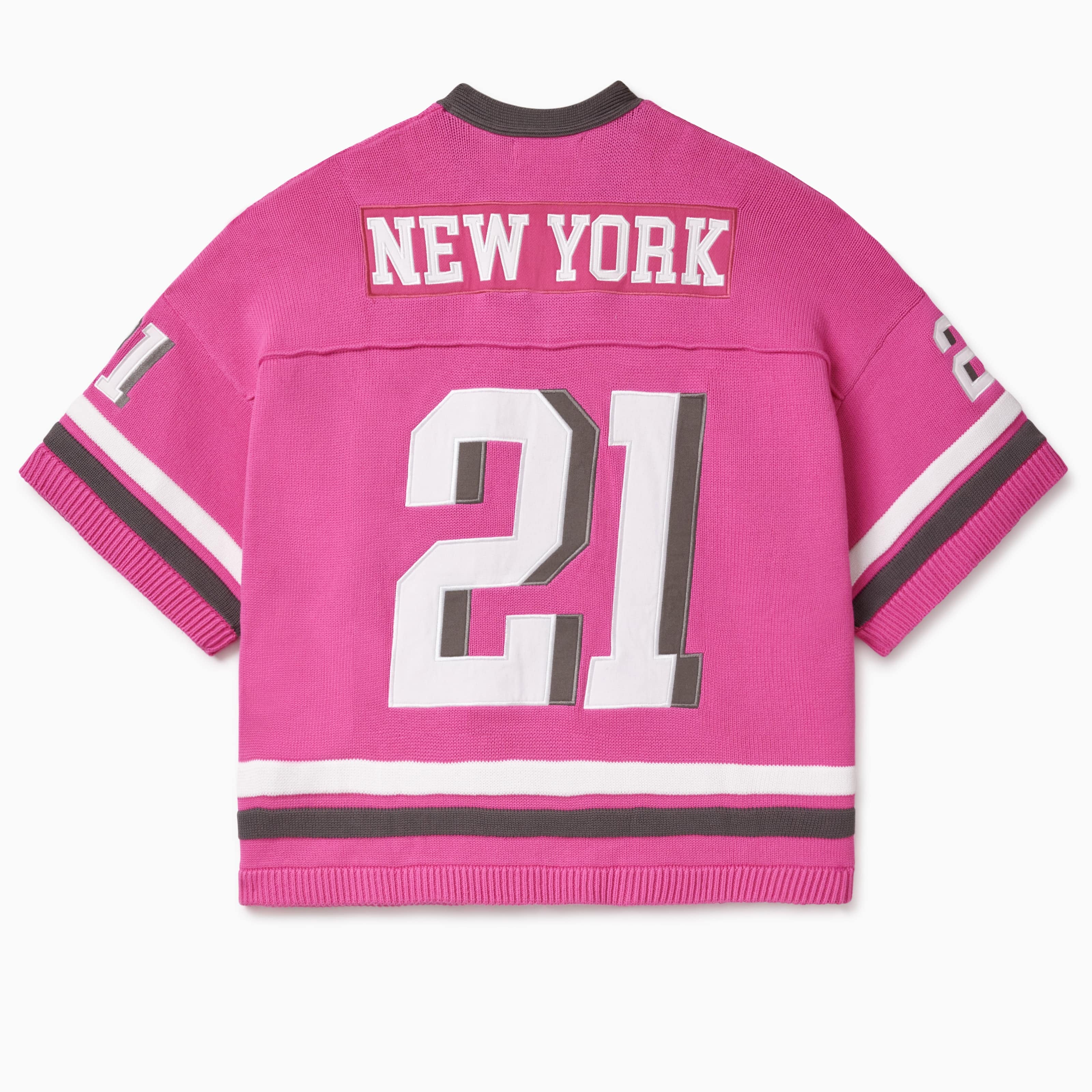 Pink knitted football jersey with 'New York' and number '21' on a white background