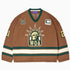 Front view of the Wisdom Of Age Knit Hockey jersey Autumn. WOA Liberty logo on the front with  and captains C on the left shoulder and a WA patch on the right shoulder. the number 21 on the sleeves