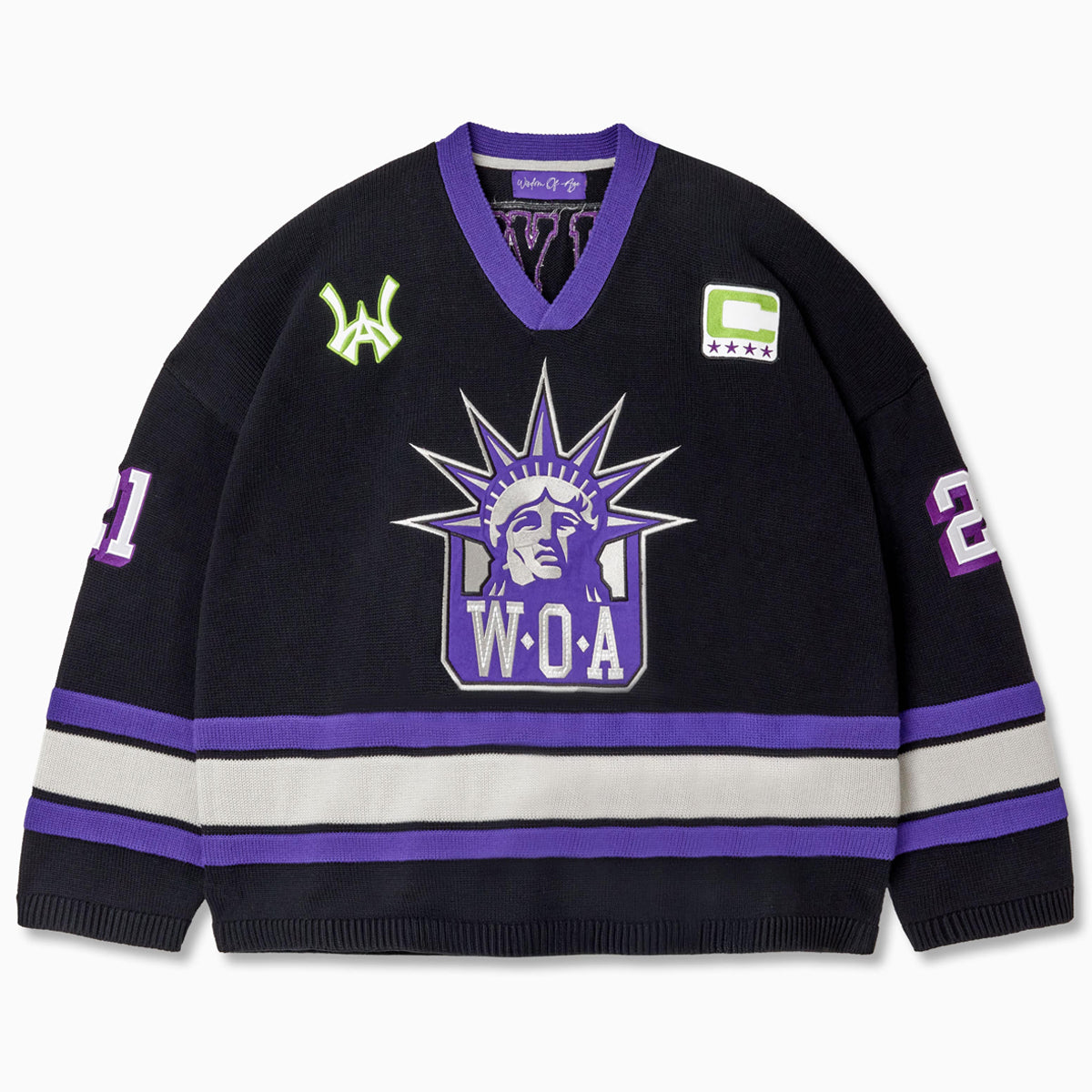 Front view of the Wisdom Of Age Knit Hockey jersey Midnight. WOA Liberty logo on the front with  and captains C on the left shoulder and a WA patch on the right shoulder. the number 21 on the sleeves