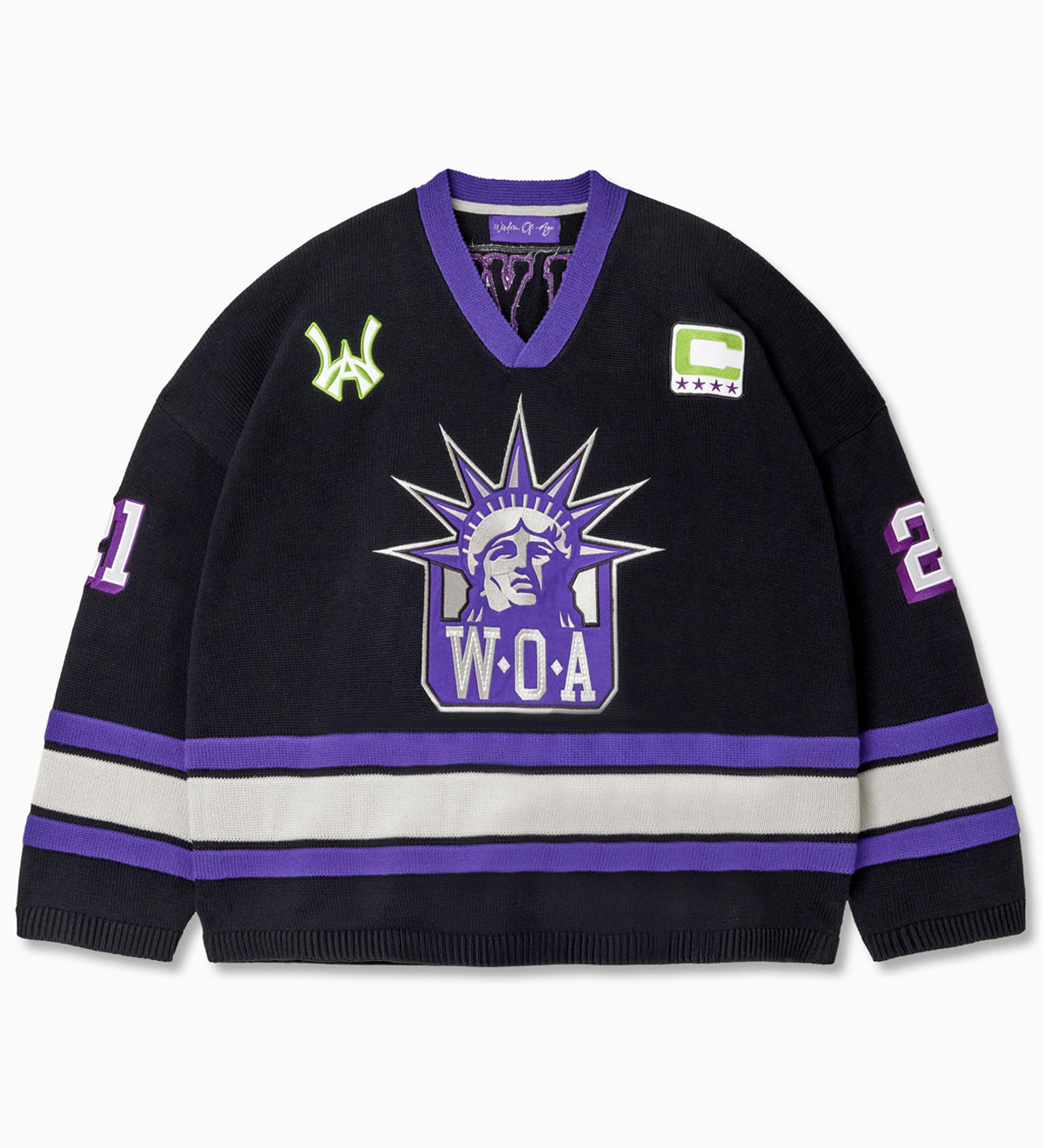Front view of the Wisdom Of Age Knit Hockey jersey Midnight. WOA Liberty logo on the front with  and captains C on the left shoulder and a WA patch on the right shoulder. the number 21 on the sleeves