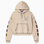 Wisdom Of Age hoodie with WA Logo and patches on a white background