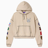 Wisdom Of Age hoodie with WA Logo and patches on a white background