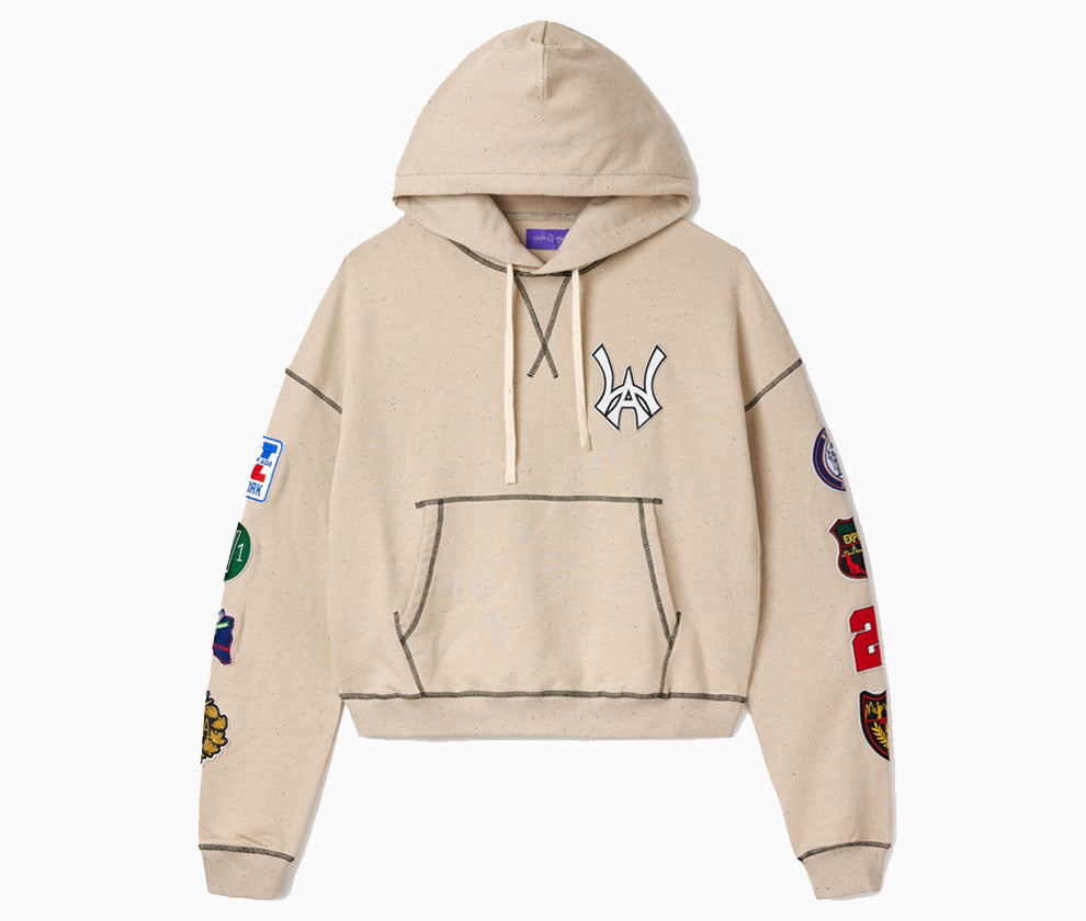 Wisdom Of Age hoodie with WA Logo and patches on a white background