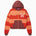Front View Of the Wisdom Of Age Knit Zippered Hoodie. There are alternating horizontal orange stripes. One stripe is a darker shade of Orange. WA logo on left chest, Wisdom Of Age written in the signature font on the right chest. Kangaroo pockets separated by the zipper.