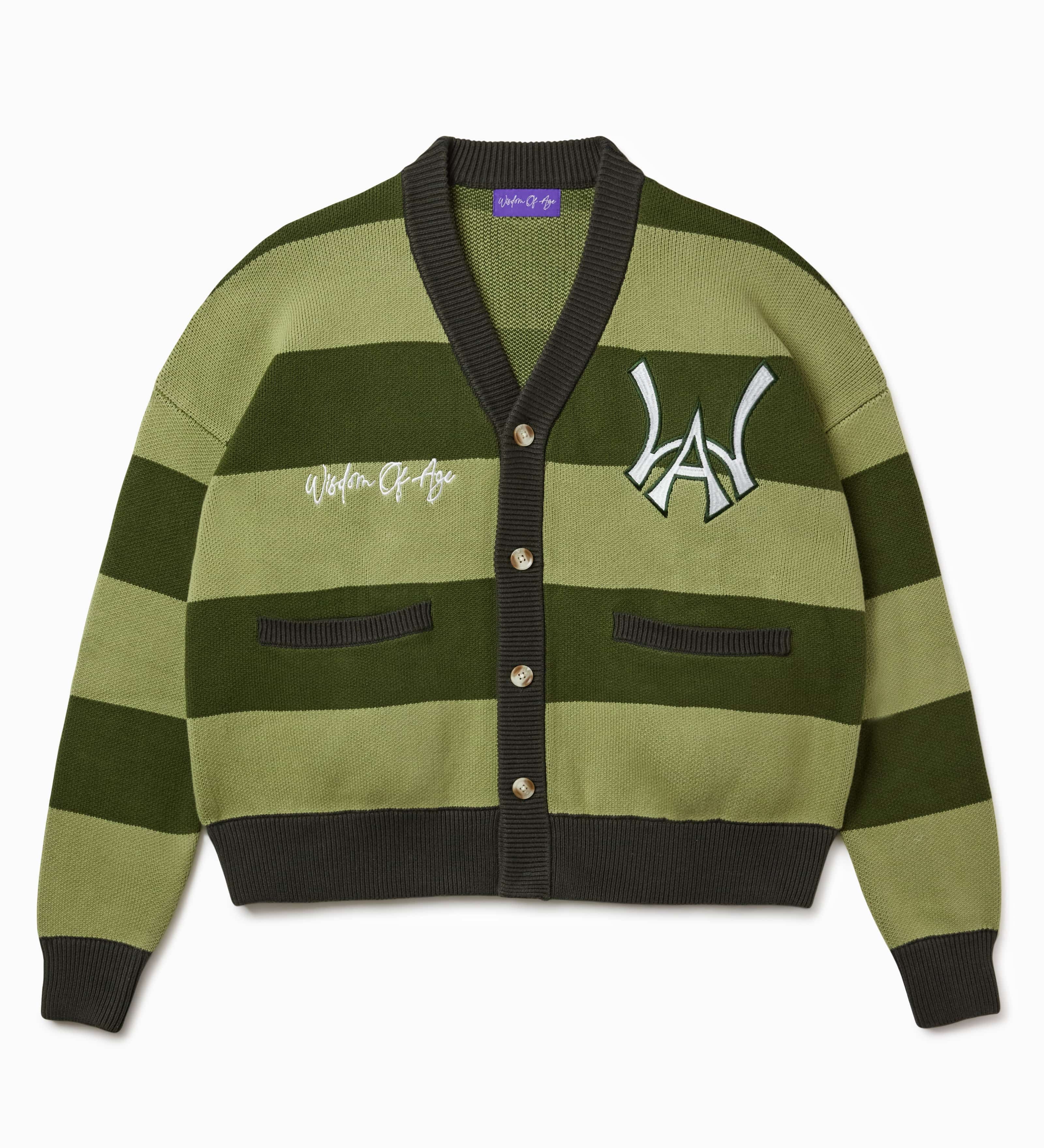 Wisdom of age 2024 olive green striped cardigan front