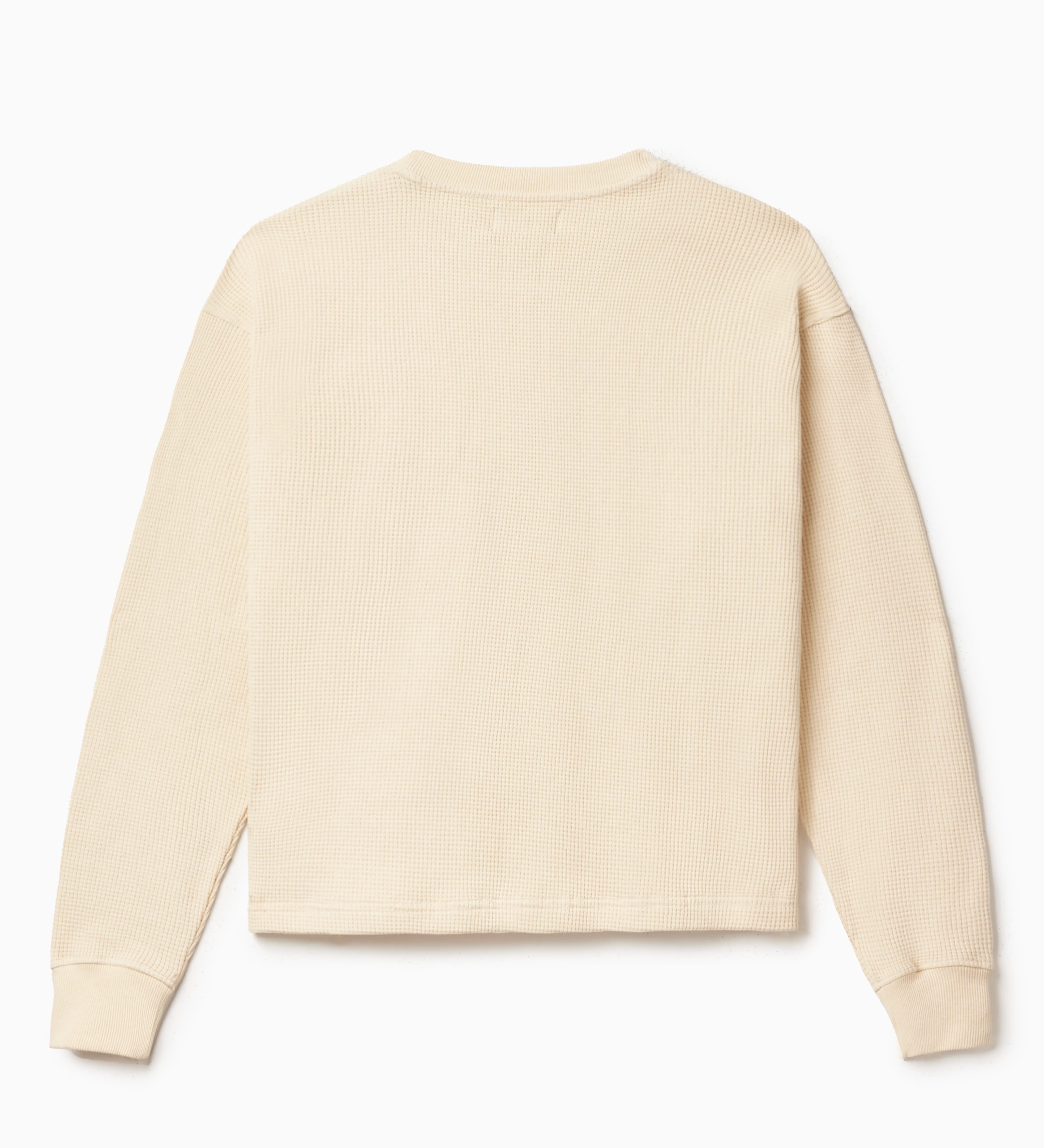 Rear view of the Wisdom Of Age knit thermal shirt in cream.