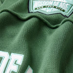 Close-up of a sage green football jersey with 'Wisdom of Age' branding