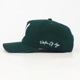 Green cap with 'Wisdom of Age' text on a white background