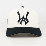 White and Black baseball cap with a Black WA logo on a white background
