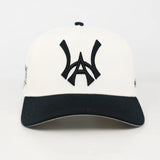 White and Black baseball cap with a Black WA logo on a white background