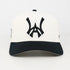 White and Black baseball cap with a Black WA logo on a white background