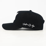 Black cap with 'Wisdom Of Age' text on a white background