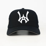 Black baseball cap with a white WA logo on a white background