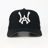 Black baseball cap with a white WA logo on a white background