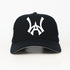 Black baseball cap with a white WA logo on a white background