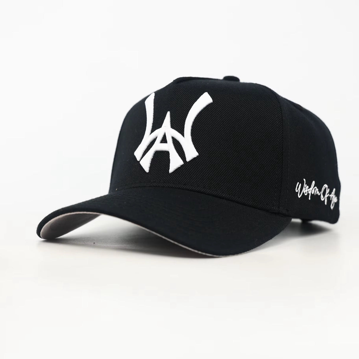 Black baseball cap with a white WA logo on a white background