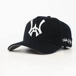 Black baseball cap with a white WA logo on a white background