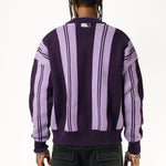 Rear View Of a Male Model wearing WOA Knitted purple cardigan on a white background.