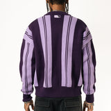 Rear View Of a Male Model wearing WOA Knitted purple cardigan on a white background.