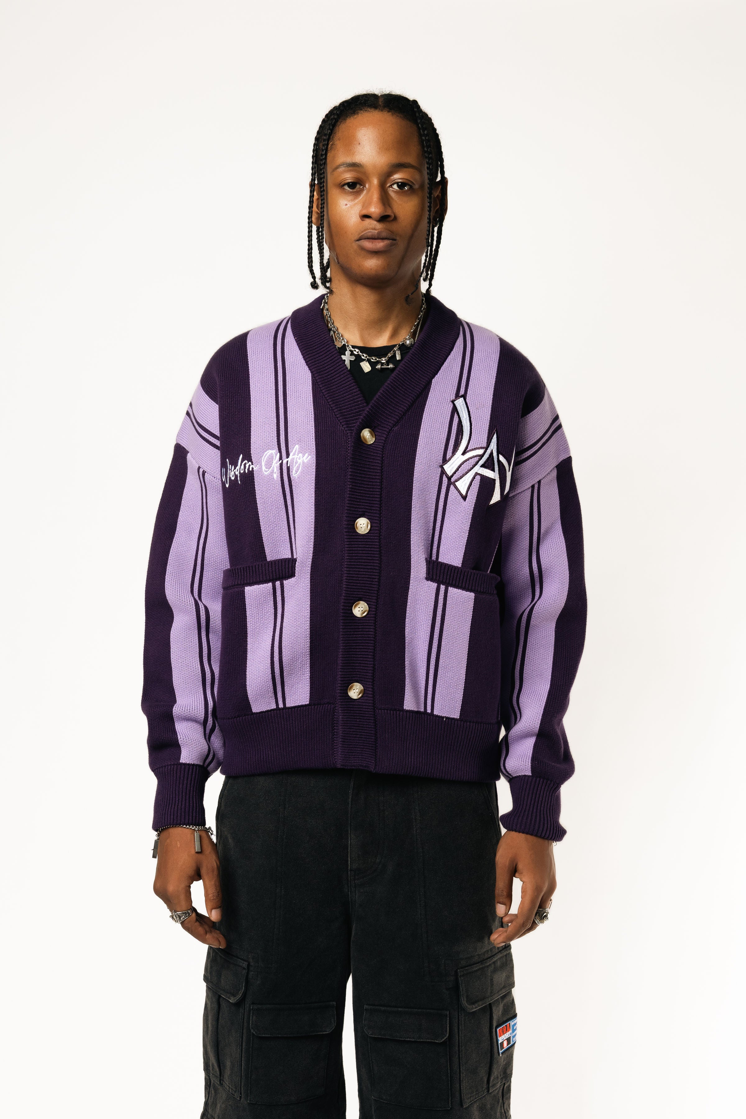 Front View Of a Male Model wearing WOA Knitted purple cardigan on a white background.