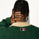 rear close up of a male Model wearing a green and red, knitted rugby sweater on a white background