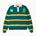 Front View of the Wisdom of age Lemon rugby. This is a Green garment with yellow stripes, a cream collar and buttons. There is a Wisdom of age NY state patch on the left shoulder and a embroidered number 21 within a cream box 