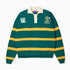 Front View of the Wisdom of age Lemon rugby. This is a Green garment with yellow stripes, a cream collar and buttons. There is a Wisdom of age NY state patch on the left shoulder and a embroidered number 21 within a cream box 