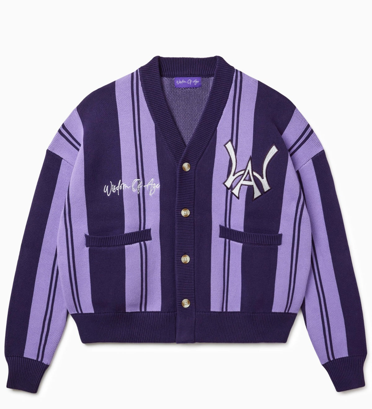 Front view of the Wisdom Of age Knitted Cardigan Purple V2 on a white background.