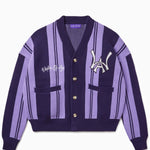 Front view of the Wisdom Of age Knitted Cardigan Purple V2 on a white background.