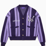 Front view of the Wisdom Of age Knitted Cardigan Purple V2 on a white background.