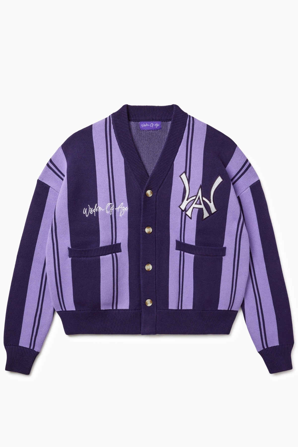 Front view of the Wisdom Of age Knitted Cardigan Purple V2 on a white background.