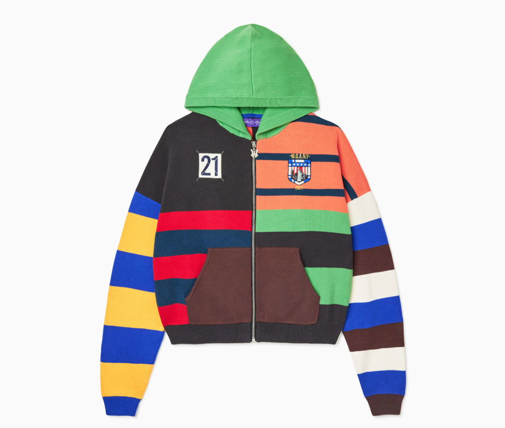 Front view of the Wisdom Of Age rugby hoodie. multi-colored with Navy, brown, lime green, black, red, blue, white, yellow stripes. WOA patch on the left chest and the number 21 on the right chest.