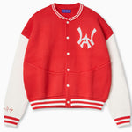 Wisdom of Age University Cardigan. Color wave of Varsity Red and varsity design, with WA logo on the left chest and the brand name  “Wisdom of Age” written in script cursive on the right sleeve. Featuring a 5 button placket with dual side seam slip-in pockets.