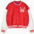 Wisdom of Age University Cardigan. Color wave of Varsity Red and varsity design, with WA logo on the left chest and the brand name  “Wisdom of Age” written in script cursive on the right sleeve. Featuring a 5 button placket with dual side seam slip-in pockets.