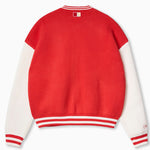 Rear view of Wisdom of Age University Cardigan in Red. Red body with white sleeves. Red and white stripes on the cuff and bottom of the cardigan.