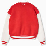 Rear view of Wisdom of Age University Cardigan in Red. Red body with white sleeves. Red and white stripes on the cuff and bottom of the cardigan.