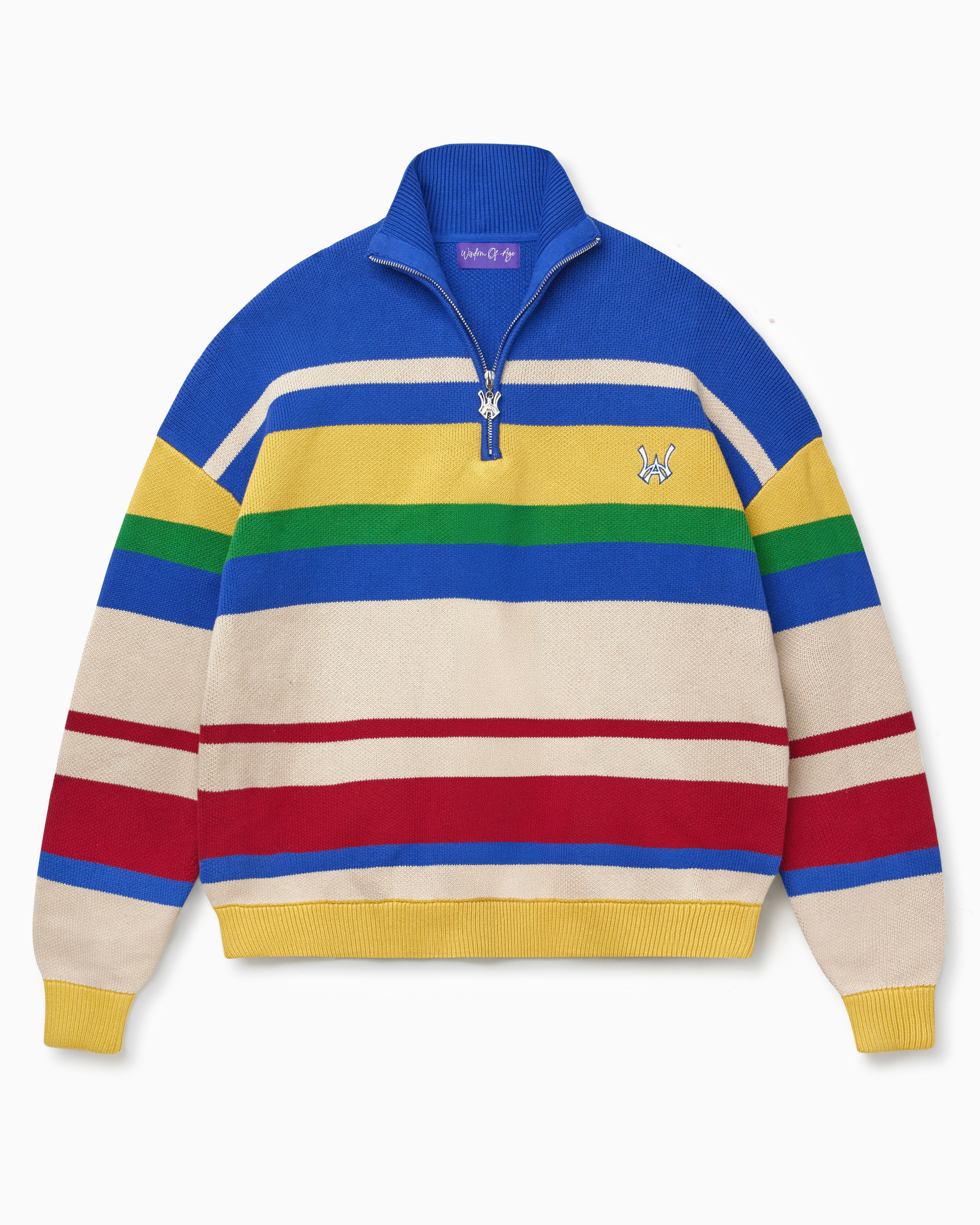 Colorful striped sweater with the WA logo on a white background