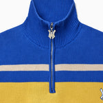 Blue, Green and yellow striped quarter zip sweater with a WA logo zipper on a white background