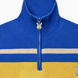 Blue, Green and yellow striped quarter zip sweater with a WA logo zipper on a white background