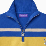 Blue sweater with yellow and green stripes and a visible Wisdom Of Age tag on a white background