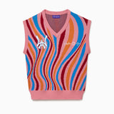 Colorful striped sweater vest with the WA logo and Wisdom Of Age embroidered on a white background