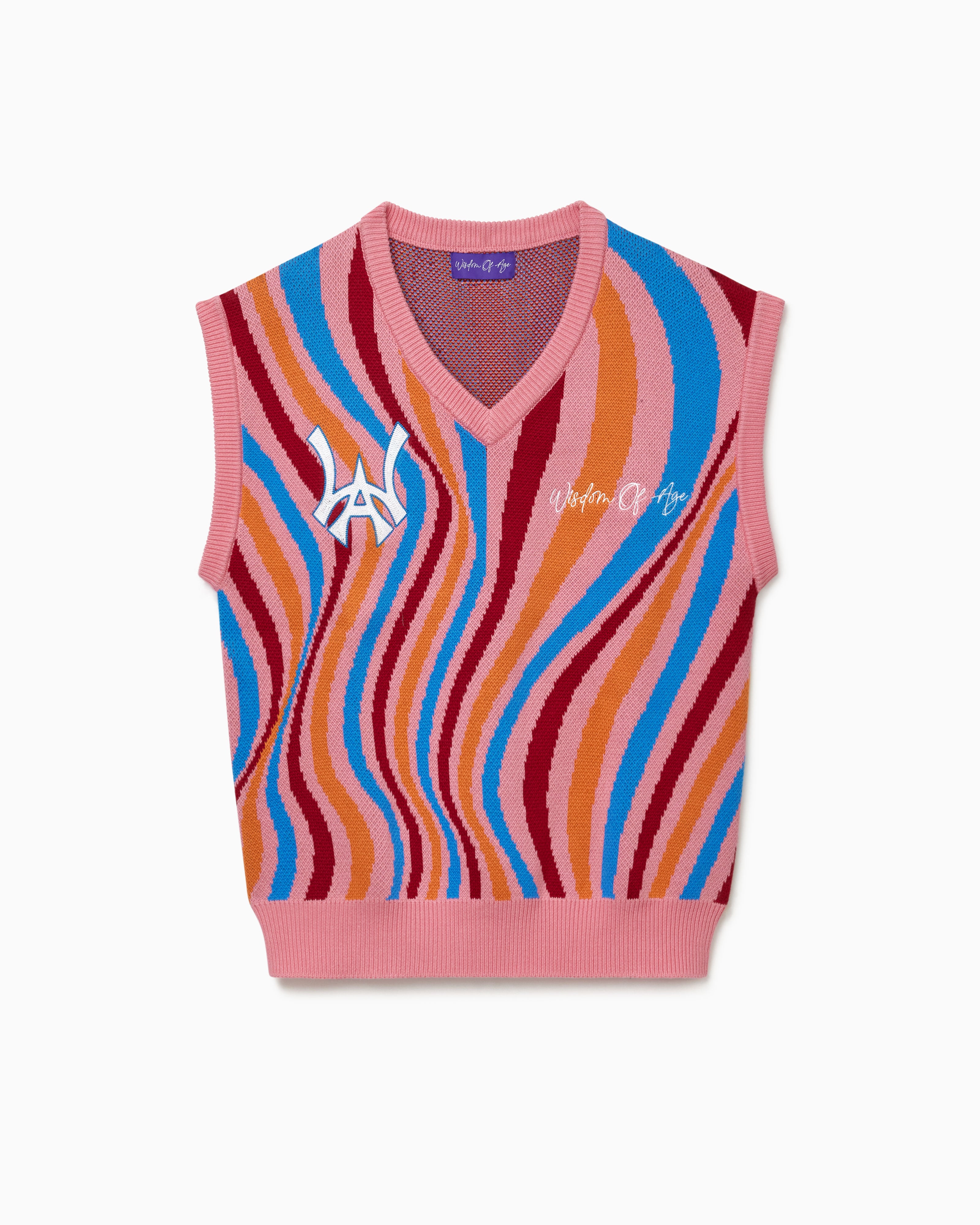 Colorful striped sweater vest with the WA logo and Wisdom Of Age embroidered on a white background