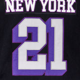 Close up of the back of the WOA Hockey Jersey in Midnight. 'New York' on the name plate and number '21' in white and purple