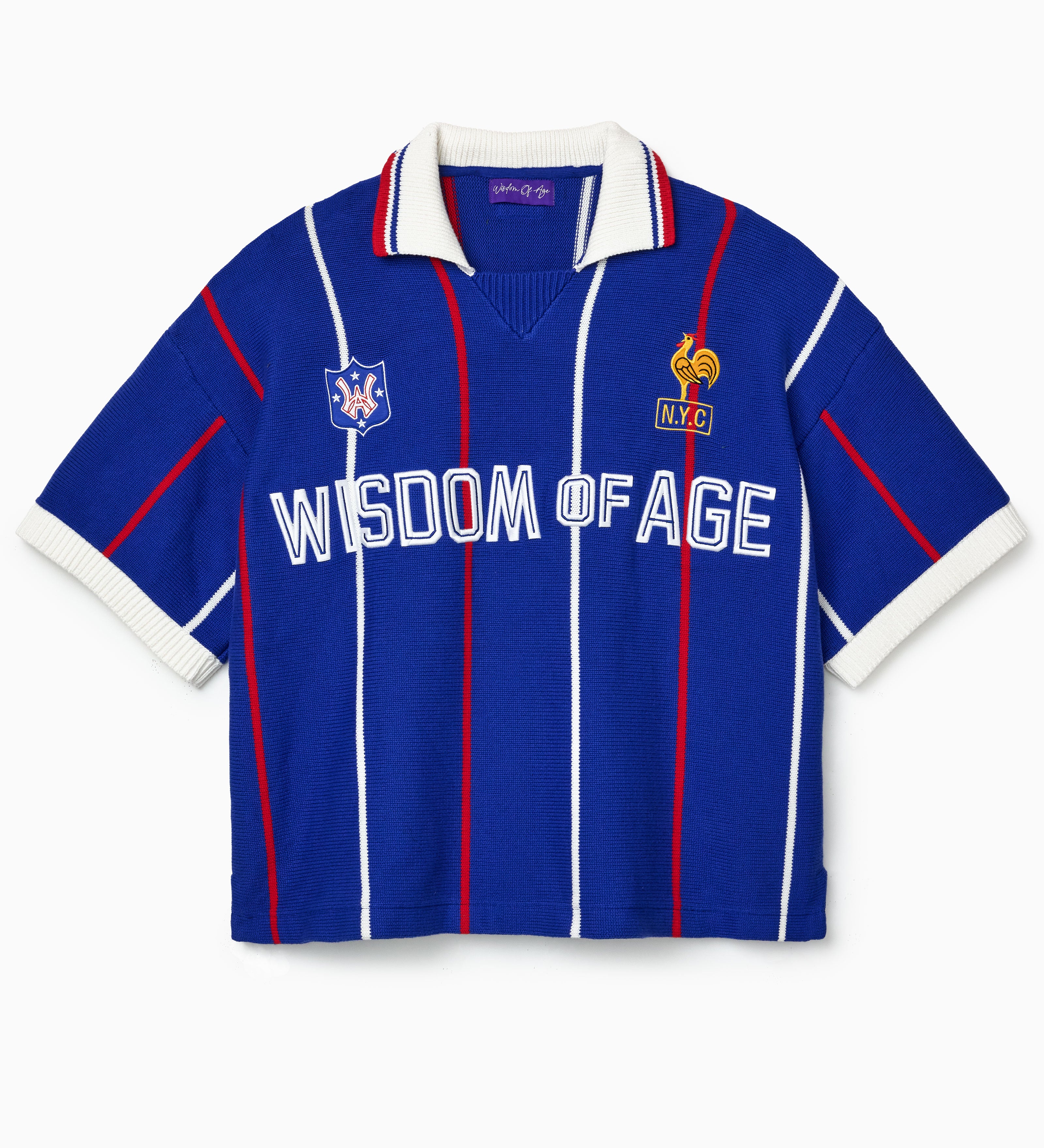 Blue knitted soccer jersey with white and red accents featuring 'Wisdom of Age' text on a white background.