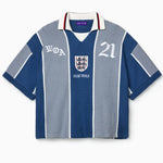 Wisdom Of Age Knit Soccer Jersey Grey Stripe. Blue and gray striped shirt with 'WOA' and number '21' on a white background
