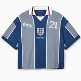 Wisdom Of Age Knit Soccer Jersey Grey Stripe. Blue and gray striped shirt with 'WOA' and number '21' on a white background