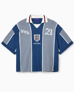 Wisdom Of Age Knit Soccer Jersey Grey Stripe. Blue and gray striped shirt with 'WOA' and number '21' on a white background
